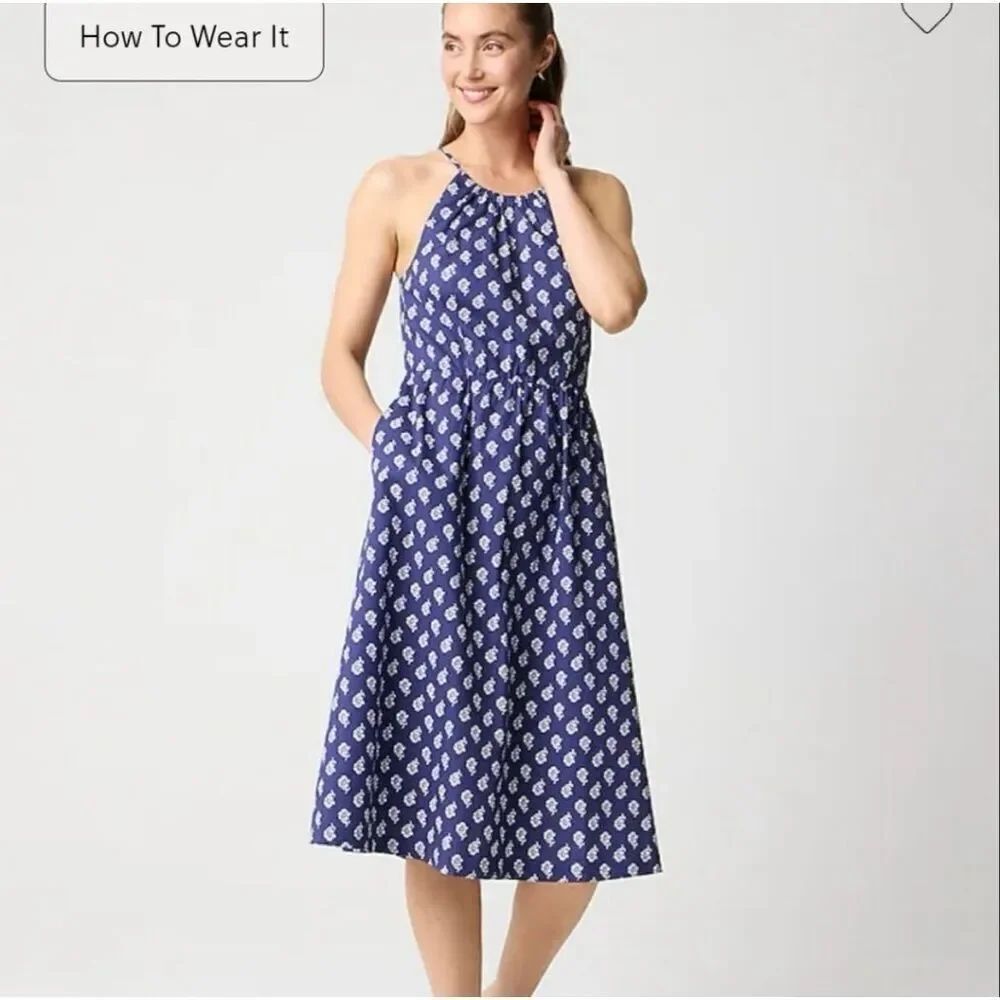 J. Crew Factory Strappy Poplin Halter Dress Navy Blue Sz 4 Midi